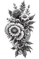 A Scottish-inspired half sleeve tattoo incorporating elements like thistles, tree of life, Heather flowers, and Celtic knots in a black-grey style. tattoo design idea