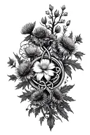 A Scottish-inspired half sleeve tattoo incorporating elements like thistles, tree of life, Heather flowers, and Celtic knots in a black-grey style. tattoo design idea