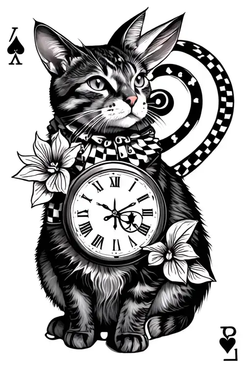 Alice in wonderland cat, spiral checkered pattern, rabbit and clock, with Ace cards of all suits  tattoo design idea