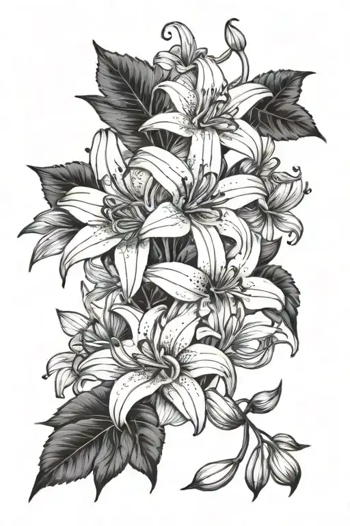tatoo with Lilies and red spider Lillie's and black dahlias and Geranium not cluttered. tattoo design idea