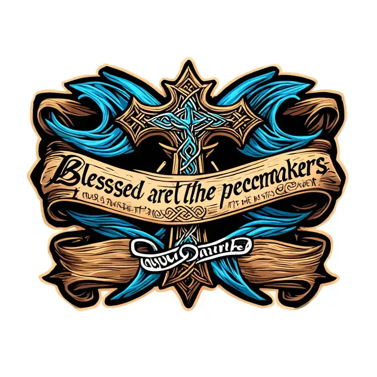 celtic Cross with ""Blessed are the peacemakers" written on blue flowing ribbon. tattoo design idea