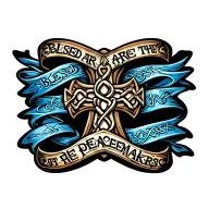 celtic Cross with ""Blessed are the peacemakers" written on blue flowing ribbon. tattoo design idea