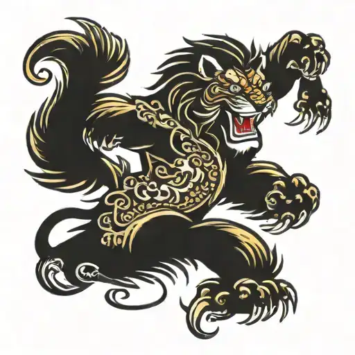 Chinese dancing lion with claws reaching forwards tattoo design idea