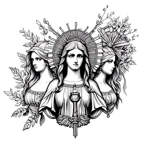 Tattoo design of the Virgin Mary, goddess Demeter, and goddess Athena in black work design tattoo design idea