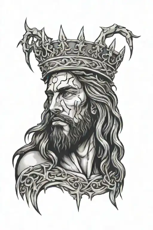 half Jesus Christ face with crown of thorns, half lions head tattoo design idea