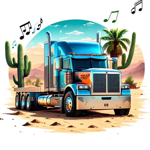 semi truck in the desert with cactus and palm tree and music notes tattoo design idea