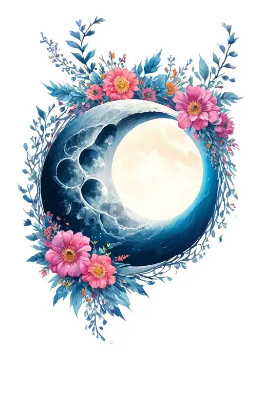 double crest moon phase cycle bisexual lace floral bouquet acceptance forgiveness growth  tattoo design idea