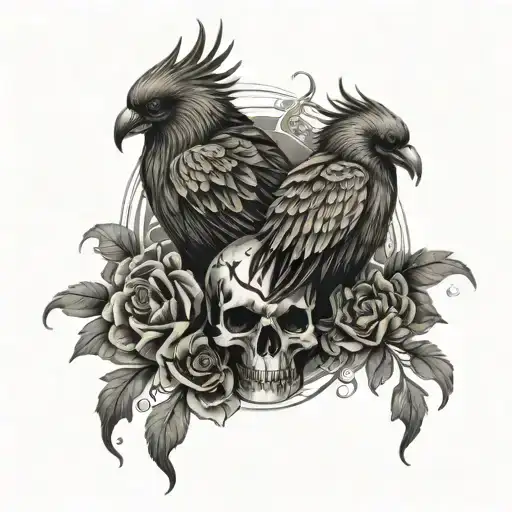 Phoenix and crow skull tattoo design idea