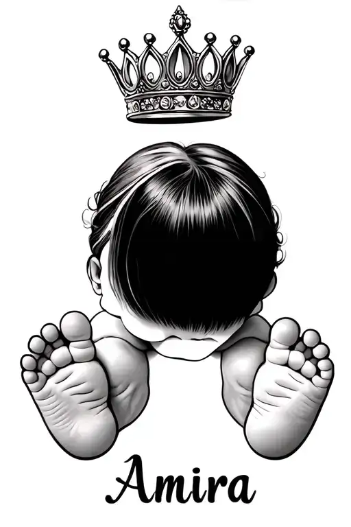 baby tattoo with the name Amira and a princess crown with her baby feet and hands  tattoo design idea