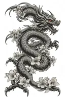 Japanese dragon cherry blossom petals falling tattoo design idea