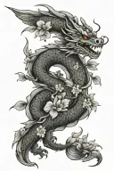 Japanese dragon cherry blossom petals falling tattoo design idea