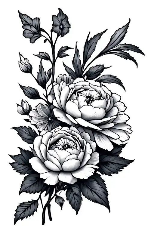 peonies, violets, and irises with cassiopeia adventure time tattoo design idea