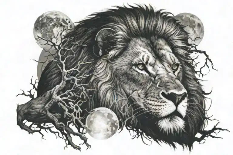 angry lion above a dark Savana night with a tree and the moon  tattoo design idea