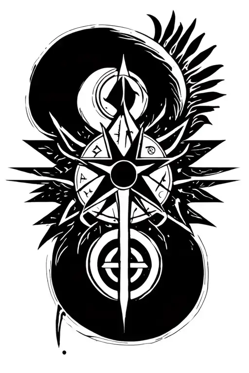 alchemic symbols representing to purify, distil, steel, and essence combined around the 8-pointed star  tattoo design idea