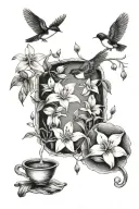 brig o doon, baby footprint, 2 swallow birds, Ben Lomond, paw print, white Lilly flower, musical notes,  tattoo design idea