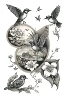 brig o doon, baby footprint, 2 swallow birds, Ben Lomond, paw print, white Lilly flower, musical notes,  tattoo design idea