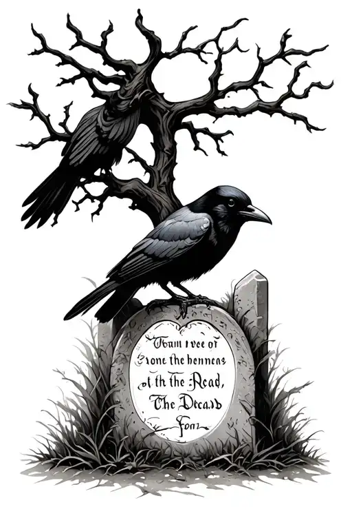 a crow on a grave with writing on it to the dead with a dark leafless tree tattoo design idea