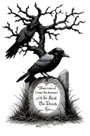 a crow on a grave with writing on it to the dead with a dark leafless tree tattoo design idea