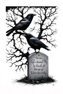 a crow on a grave with writing on it to the dead with a dark leafless tree tattoo design idea