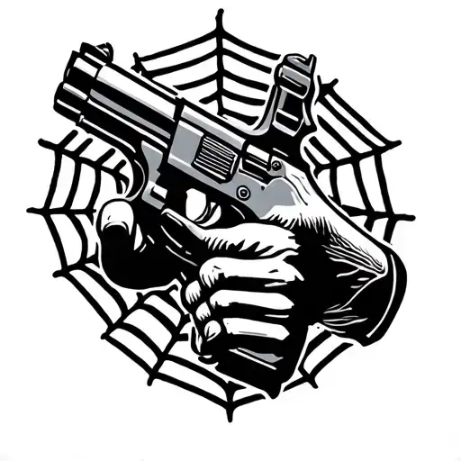 spider web pistol pointing tattoo design idea
