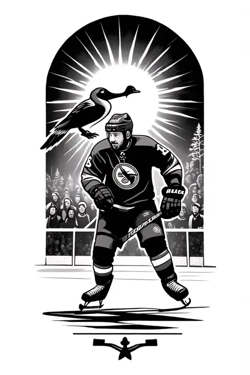 memorial piece incorporating elements, hockey player skating, man in stands watching. sun shining. Cardinal. a goose.  tattoo design idea