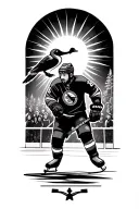 memorial piece incorporating elements, hockey player skating, man in stands watching. sun shining. Cardinal. a goose.  tattoo design idea