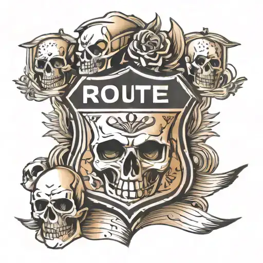 route 66 sign with 4 skulls surrounded tattoo design idea