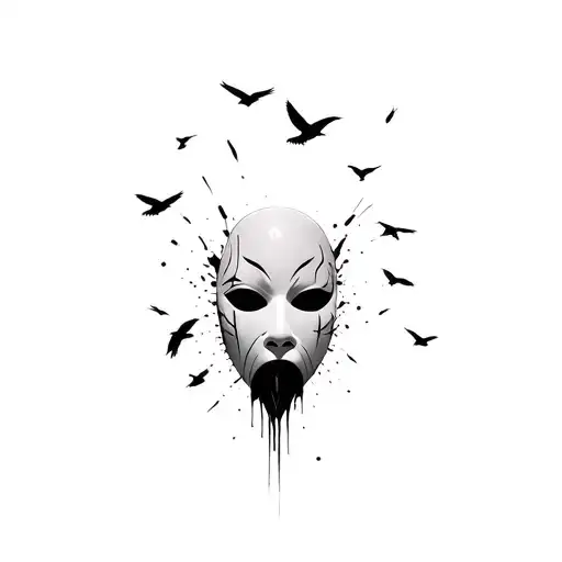 face of a neutral mask that disintegrates with crows that fly away tattoo design idea