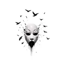 face of a neutral mask that disintegrates with crows that fly away tattoo design idea