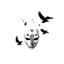 face of a neutral mask that disintegrates with crows that fly away tattoo design idea