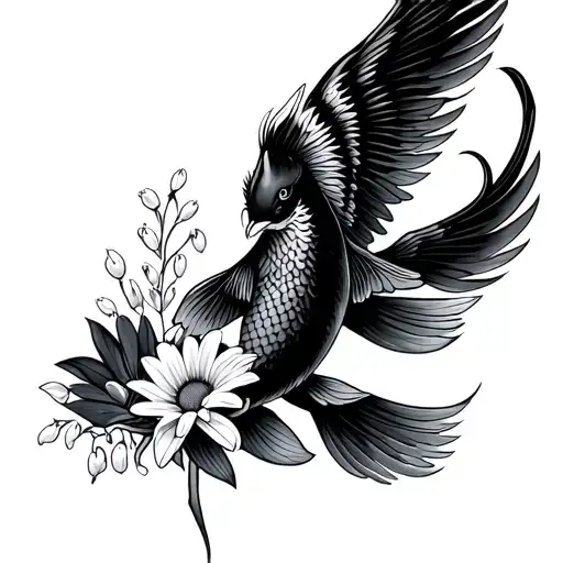 jumping black koi with phoenix wings, upright, bouquet with an aster, a daisy, a lily of the valley, wave tattoo design idea