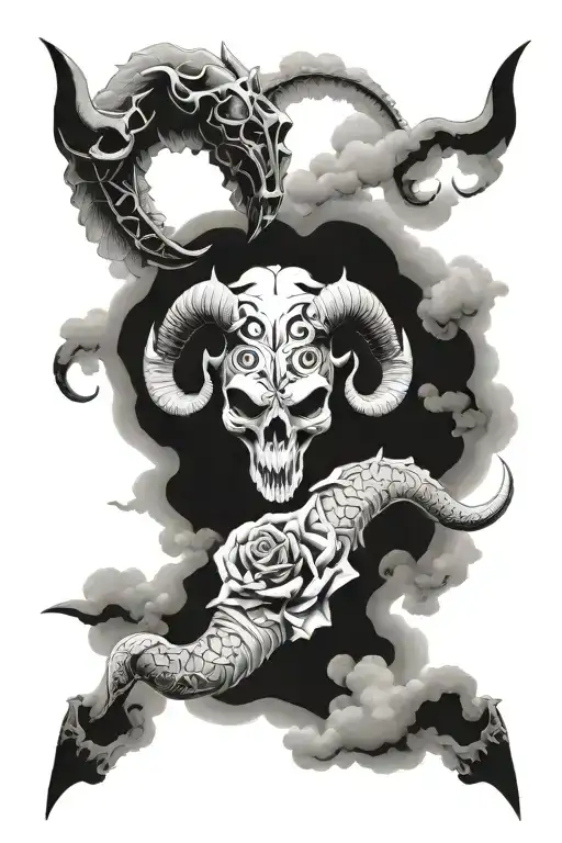 skulls clouds with Capricorn zodiac signs merged tattoo design idea