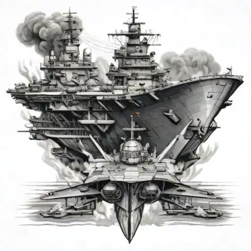 aircraft carrier coming directly at you through fire first person point of view tattoo design idea