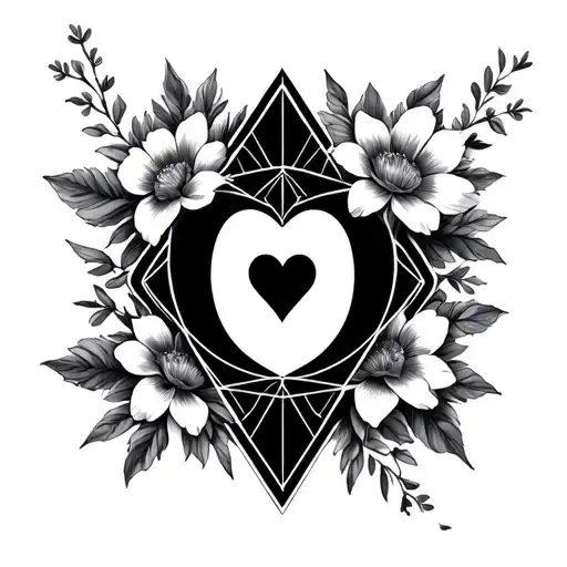 Initials O. V. with geometry, flowers and heart tattoo design idea