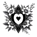 Initials O. V. with geometry, flowers and heart tattoo design idea