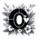 Initials O. V. with geometry, flowers and heart tattoo design idea