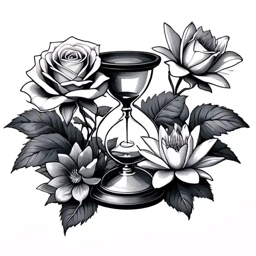 hour glass with rose and water lily and violet flower tattoo design idea