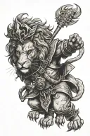 anthropomorphic lion warlock necromancer in jester's outfit tattoo design idea