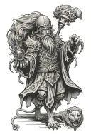 anthropomorphic lion warlock necromancer in jester's outfit tattoo design idea