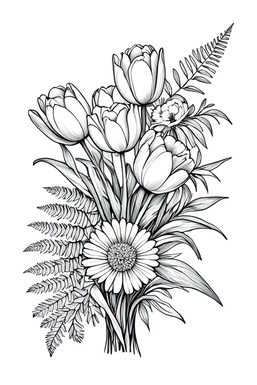 Bouquet of tulips, evergreen fern, asters, carnations tattoo design idea