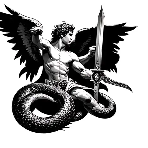 Archangel Michael fighting a snake coiled with a sword tattoo design idea