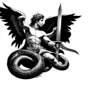 Archangel Michael fighting a snake coiled with a sword tattoo design idea