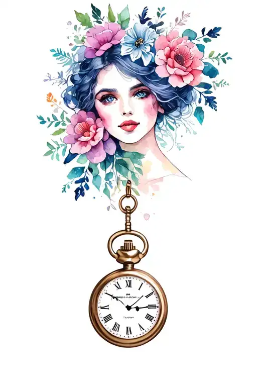 pocket watches and floral lady head tattoo design idea