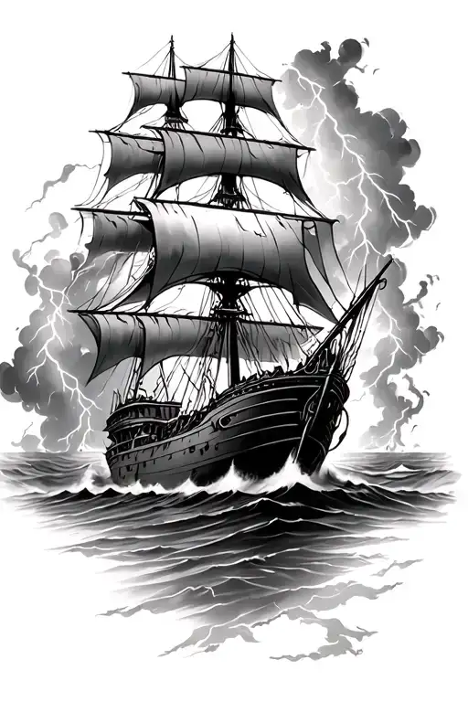 tattered ship surrounded by thunderstorm leviathan attack  tattoo design idea