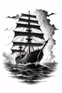 tattered ship surrounded by thunderstorm leviathan attack  tattoo design idea