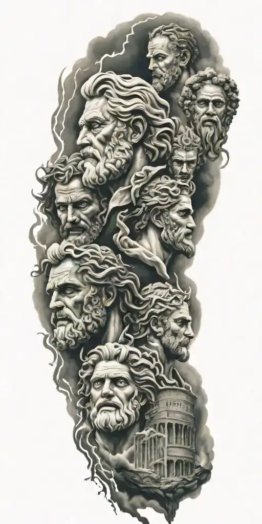 zeus, hades, poseidon, and medusa with colosseum and lightning background tattoo design idea