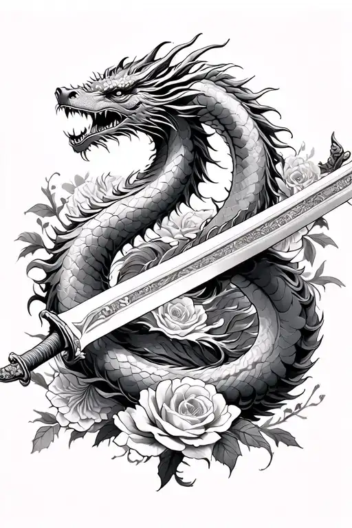 two japanese dragons coiled around a long sword, black and white tattoo design, high detail, flowers and roses around tattoo design idea