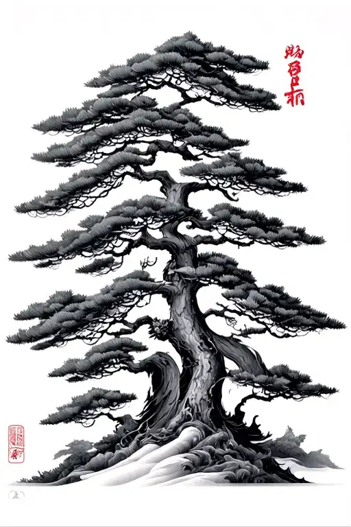 japanese characters and pine trees tattoo design idea
