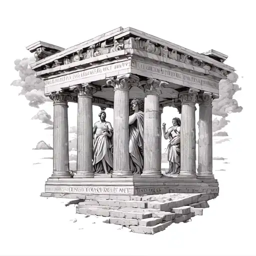 Tattoo, architecture, Greece, columns, myths, inscription, ancient Greek gods tattoo design idea