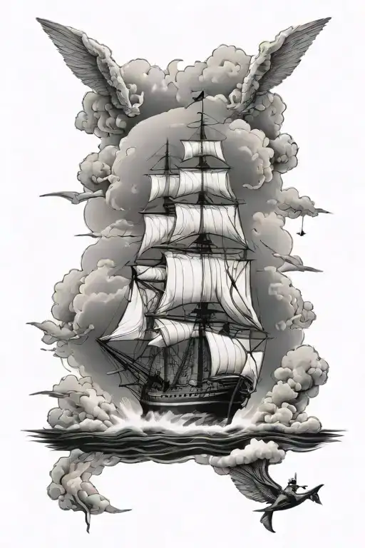 navy.  ship. clouds. family. sailing tattoo design idea